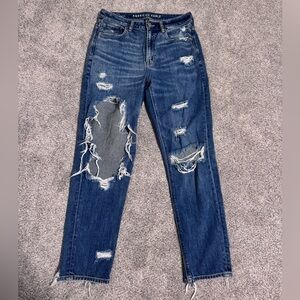 American Eagle Mom Jeans, Distressed, Floral Embroidery, Size 6